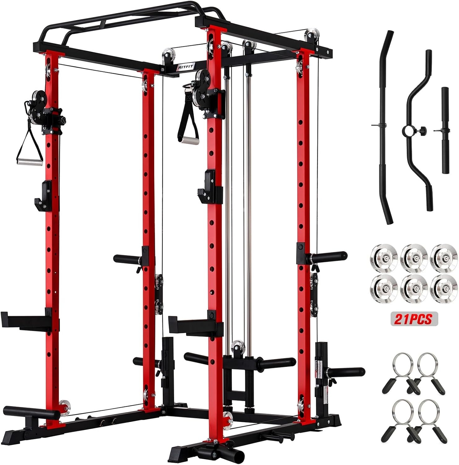 image:imageRitFit PPCP3 Power Cage with Cable Crossover System 1200LB Capacity LAT Pulldown amp Cable Crossover System with Bumper Plate Set Olympic Barbell BenchRed
