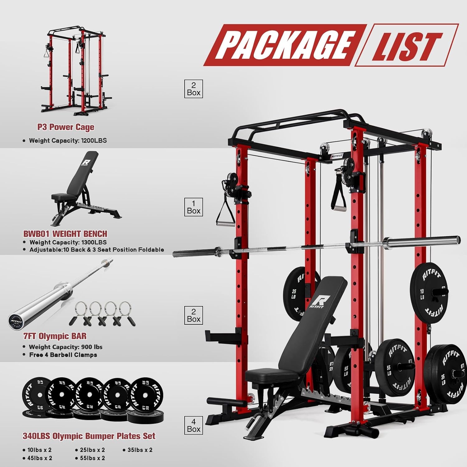 image:imageRitFit PPCP3 Power Cage with Cable Crossover System 1200LB Capacity LAT Pulldown amp Cable Crossover System with Bumper Plate Set Olympic Barbell BenchRed