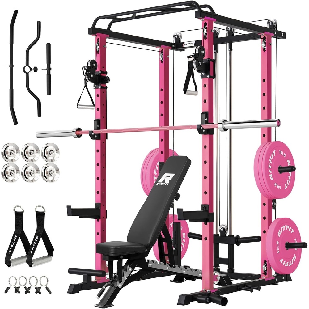 image:imageRitFit PPCP3 Power Cage with Cable Crossover System 1200LB Capacity LAT Pulldown amp Cable Crossover System with Bumper Plate Set Olympic Barbell BenchPink