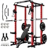 RitFit PPC-P3 Power Cage with Cable Crossover System, 1200LB Capacity | LAT Pulldown & Cable Crossover System with Bumper Plate Set, Olympic Barbell, Bench(Red)