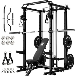RitFit PPC-P3 Power Cage with Cable Crossover System, 1200LB Capacity | LAT Pulldown & Cable Crossover System with Bumper Plate Set, Olympic Barbell, Bench(Black)