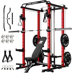 RitFit PPC-P3 Power Cage with Cable Crossover System, 1200LB Capacity | LAT Pulldown & Cable Crossover System with Bumper Plate Set, Olympic Barbell, Bench(Red)